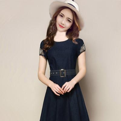 ĐẦM JEAN XÒE TAY PHỐI REN HOA KÈM THẮT EO - NJ951